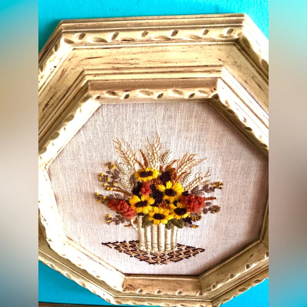 11047 Mid Century Boho Hand Worked Floral Crewelwork in Octagon Ceramic Frame
